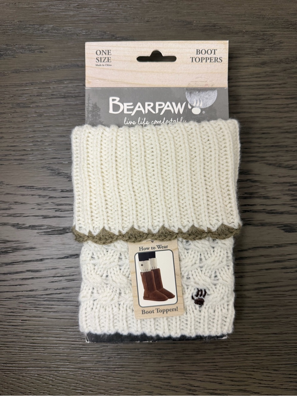 BearPaw Cream Cable Knit Boot Toppers with Trim one size fits all